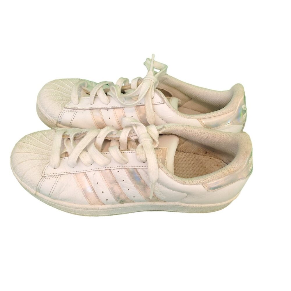 Adidas Women's Superstar Sneakers White Irridescent Pink Stripe leather Sz 6.5